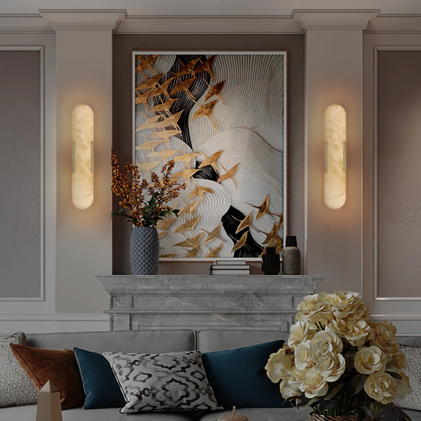 Luxurious Marble Wall Lamp Set of 2, Matte Gold Metal Frame, Dimmable