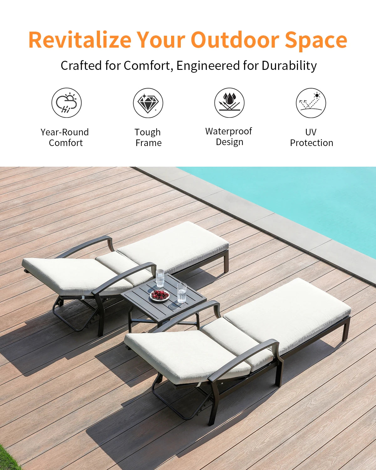 3‑Piece Patio Chaise Lounge Set – Outdoor Loungers with Cushions & Matching Side Table
