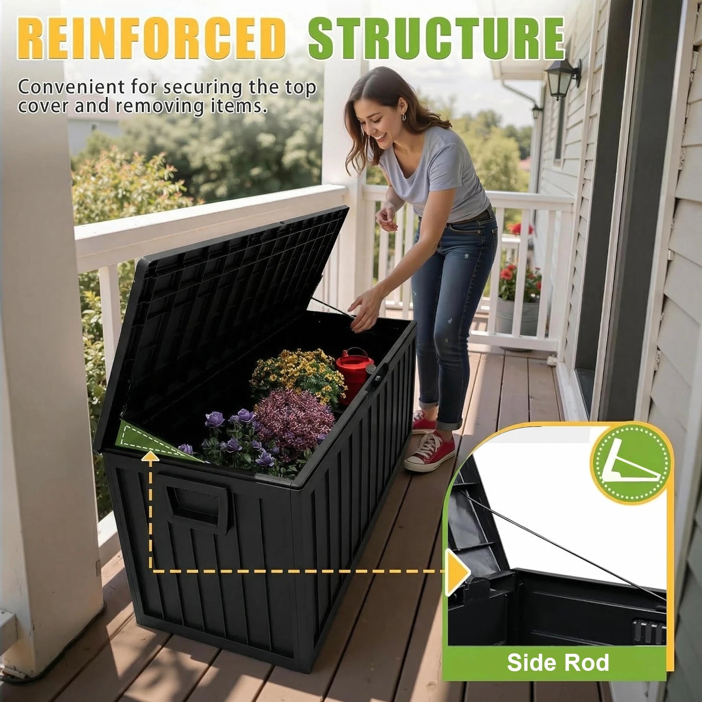75 Gallon Resin Outdoor Storage Box Waterproof Deck Box，Waterproof Outdoor Storage Box with Bottom Pulleys, for Patio Furniture