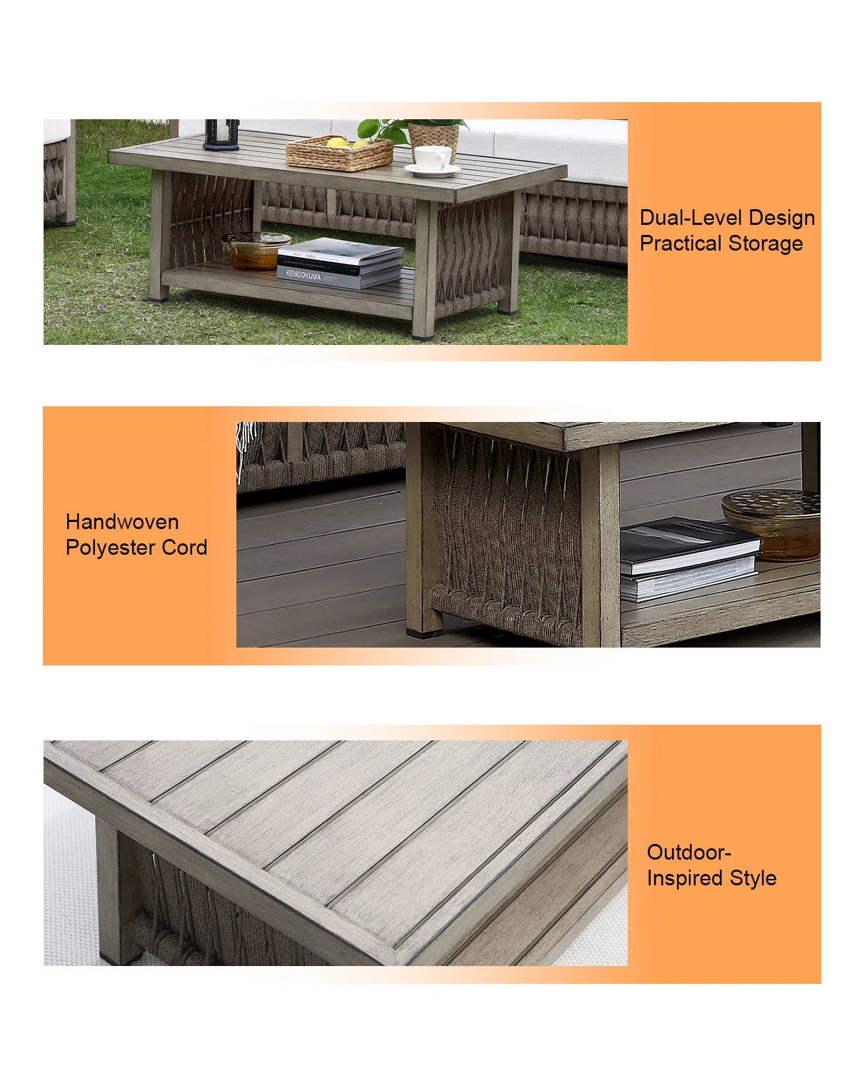 Outdoor Patio Coffee Table, 2-Tier Weather-Resistant Rectangle