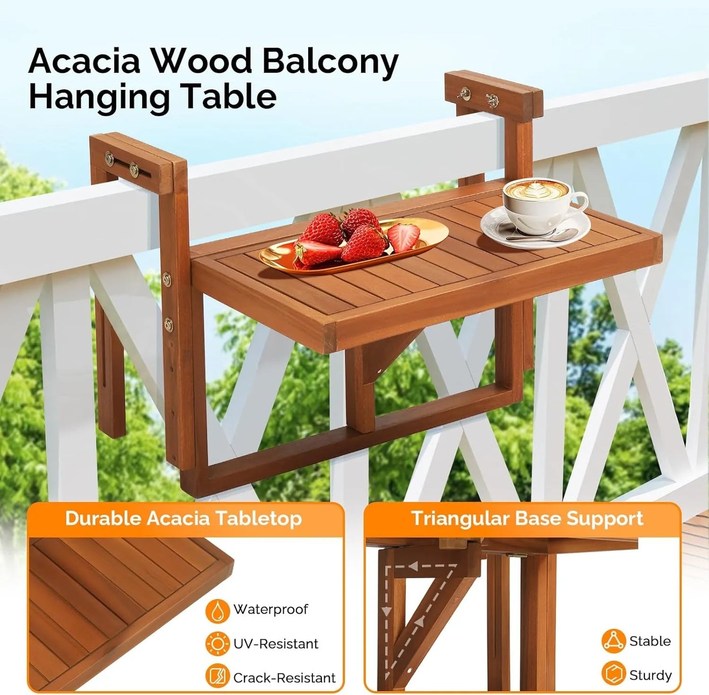 Acacia Wood Folding Balcony Hanging Table – Adjustable Height & Width, Balcony Railing Table Ideal for Different Railing