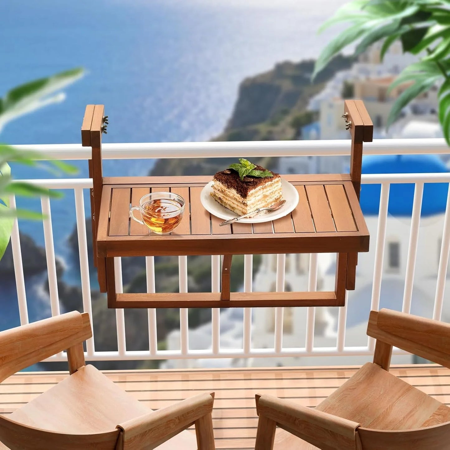 Acacia Wood Folding Balcony Hanging Table – Adjustable Height & Width, Balcony Railing Table Ideal for Different Railing