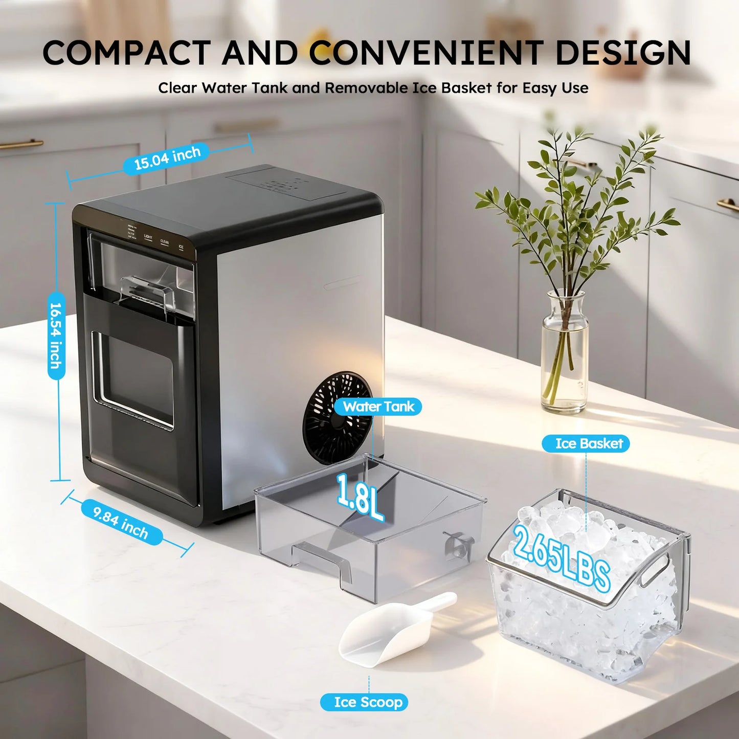 Countertop Ice Maker, 24H Self-Cleaning with Ice Scoop & Basket
