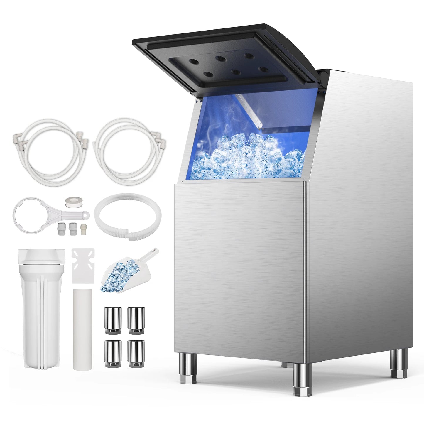 Commercial Ice Maker – 580‑lb/24h Machine Head with 300‑lb Storage Bin & Adjustable Steel Feet (132 Cubes/Batch)