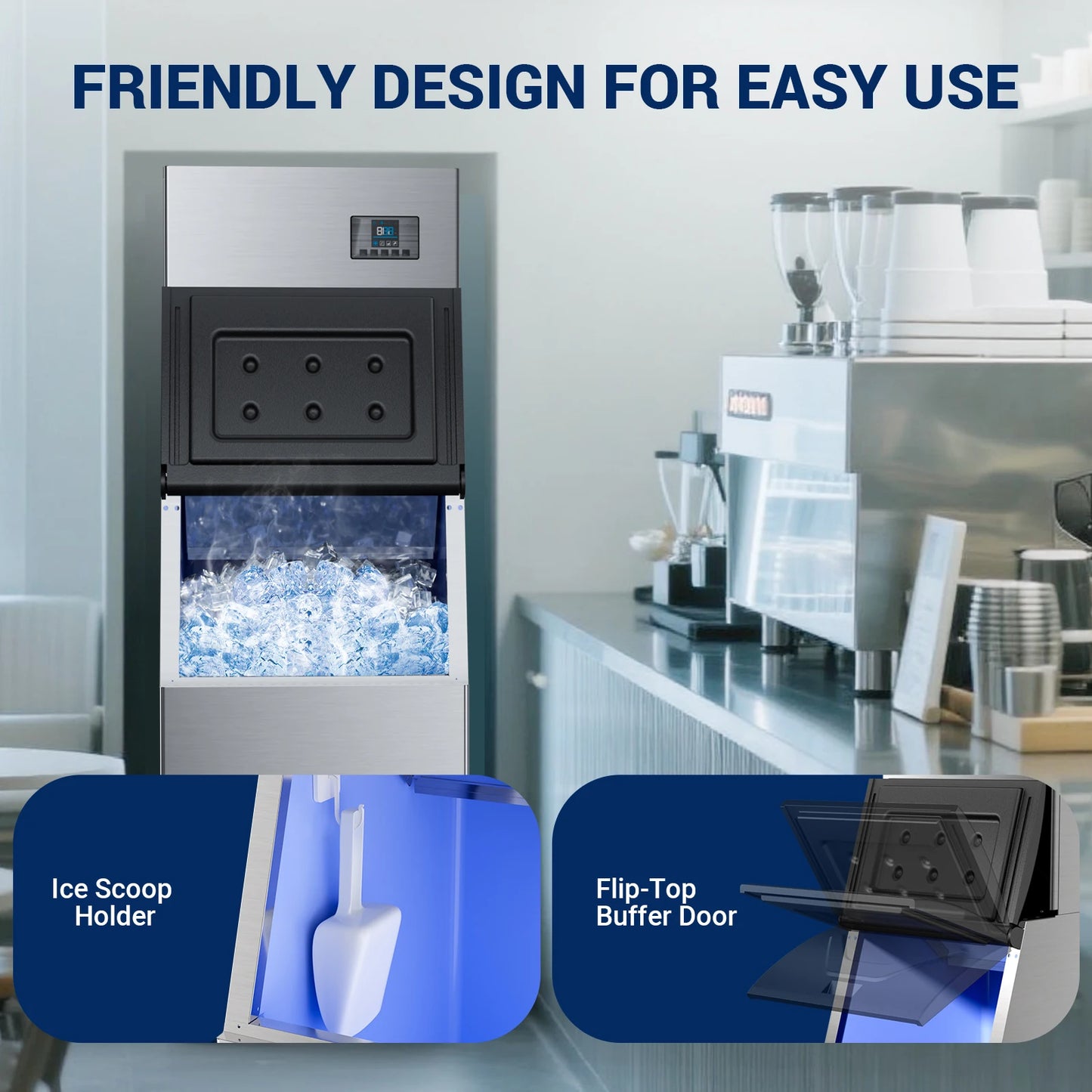 Commercial Ice Maker – 580‑lb/24h Machine Head with 300‑lb Storage Bin & Adjustable Steel Feet (132 Cubes/Batch)