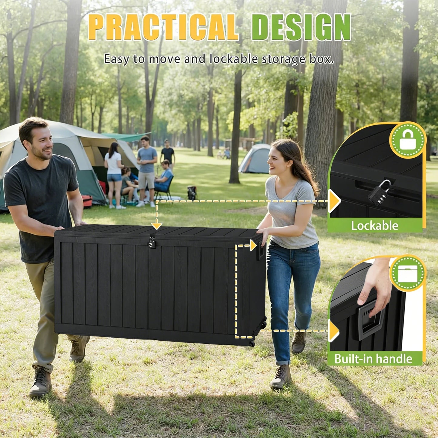 75 Gallon Resin Outdoor Storage Box Waterproof Deck Box，Waterproof Outdoor Storage Box with Bottom Pulleys, for Patio Furniture