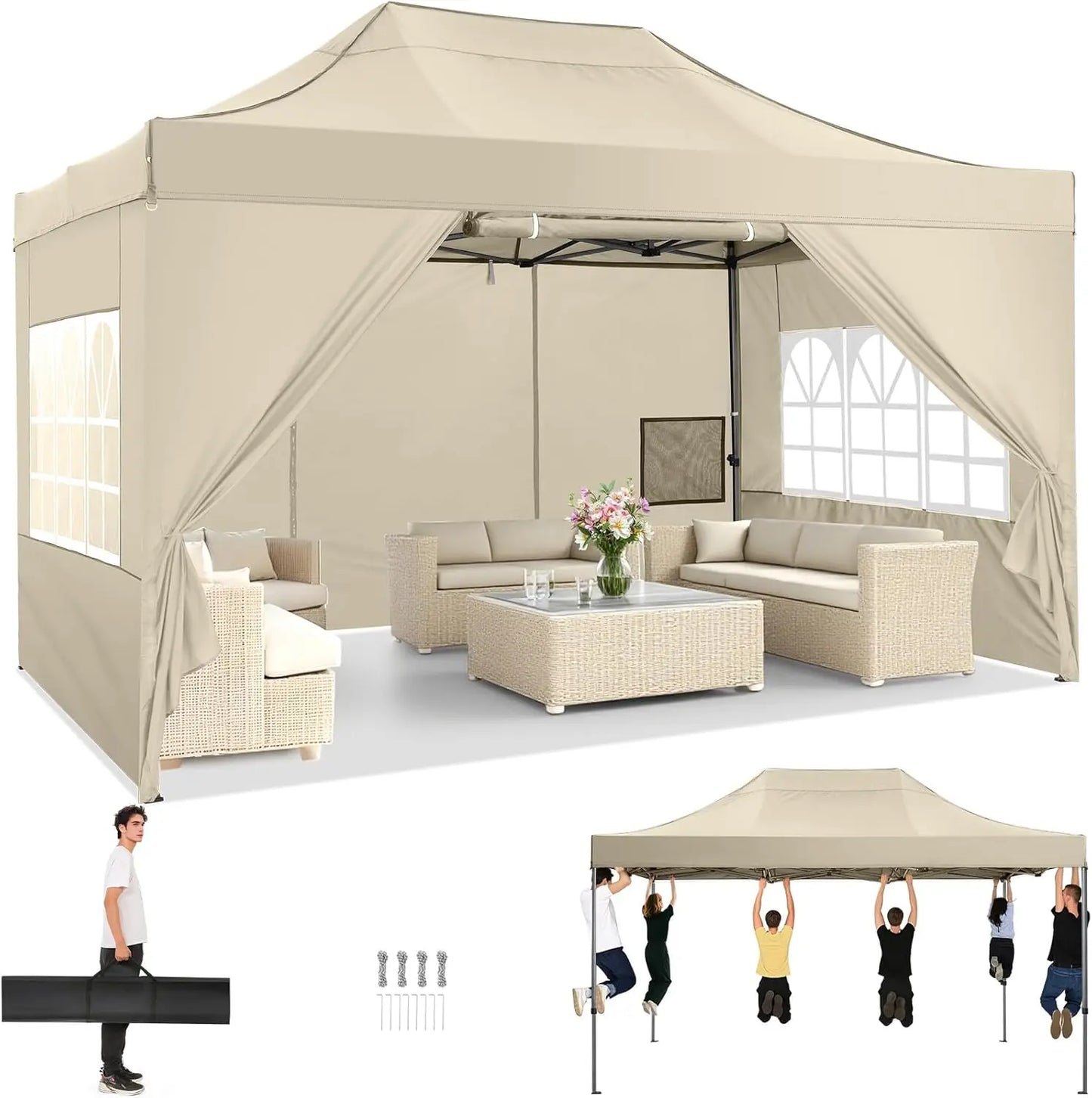 10x15 Pop up Canopy Tent Heavy Duty Gazebo with 4 Sidewalls, UPF 50+ All Weather Waterproof Commercial Outdoor Wedding Party Tent