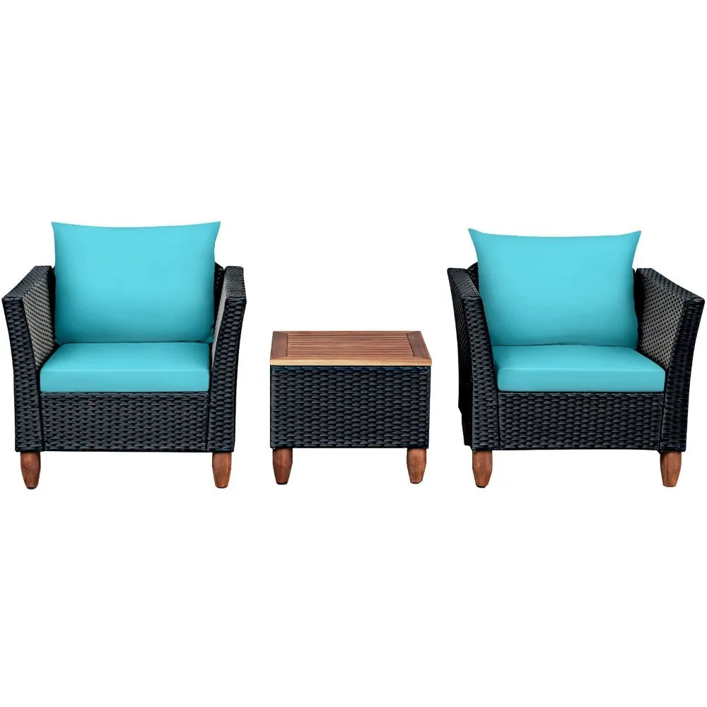 3PCS Patio Rattan Conversation Furniture Set Yard Outdoor w/ Turquoise Cushions