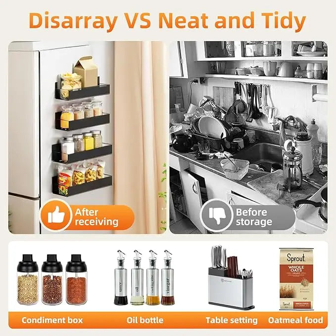 Magnetic Spice Rack for Refrigerator, Kitchen Organizer and Storage Shelf, Black (4 Pack)