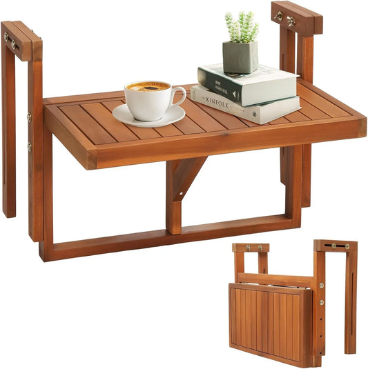 Acacia Wood Folding Balcony Hanging Table – Adjustable Height & Width, Balcony Railing Table Ideal for Different Railing