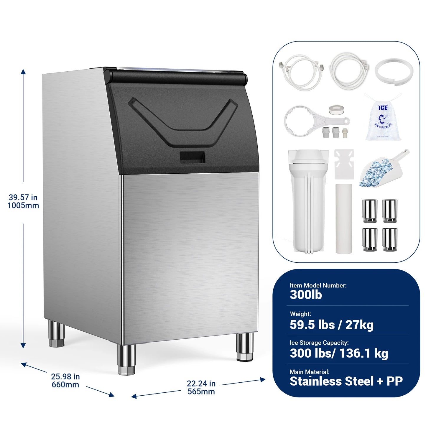 Commercial Ice Maker – 580‑lb/24h Machine Head with 300‑lb Storage Bin & Adjustable Steel Feet (132 Cubes/Batch)