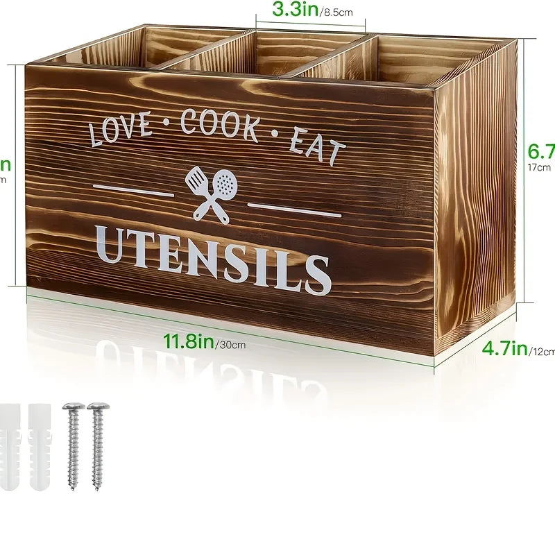 Brown Utensil Holder, Rustic Utensil Rack, Wooden Kitchen Utensil Organizer for Multiple Utensils