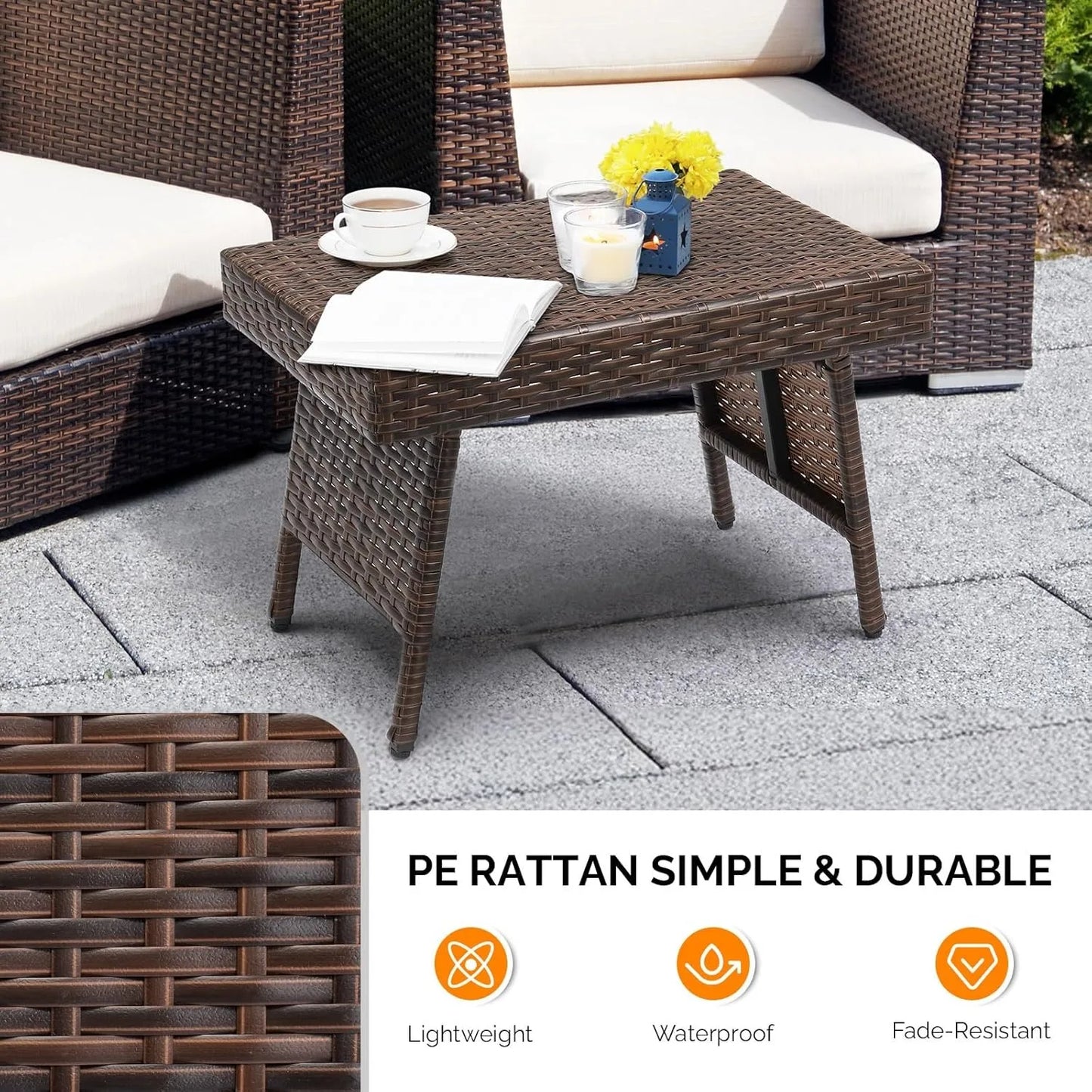 Outdoor Folding Rattan Side Table, Portable Wicker End Table for Patio, Garden, Poolside, and Indoor Use, Mix Mocha
