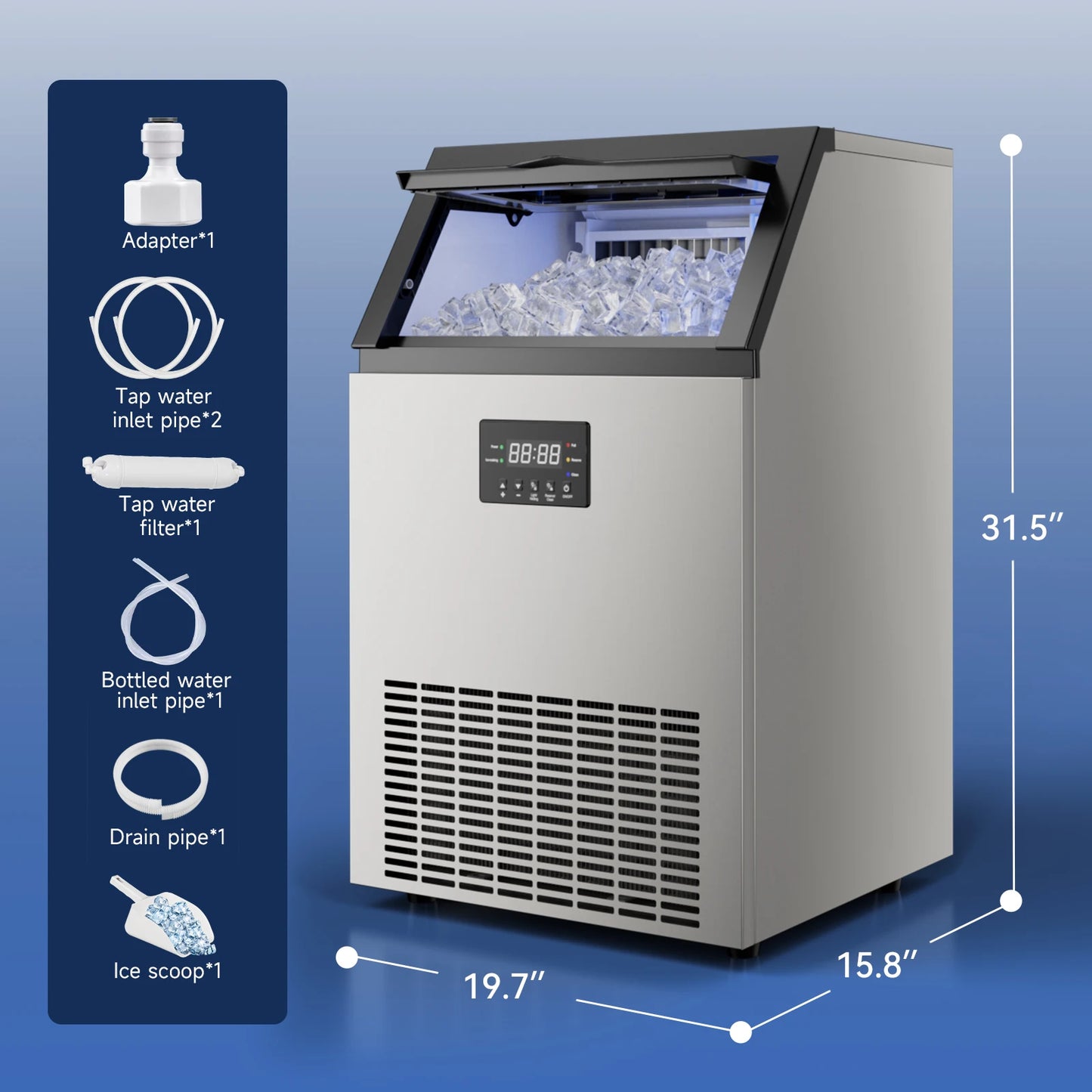 Commercial Stainless Steel Ice Maker – Under‑Counter Ice Machine with 34‑lb Bin, Freestanding for Home & Café