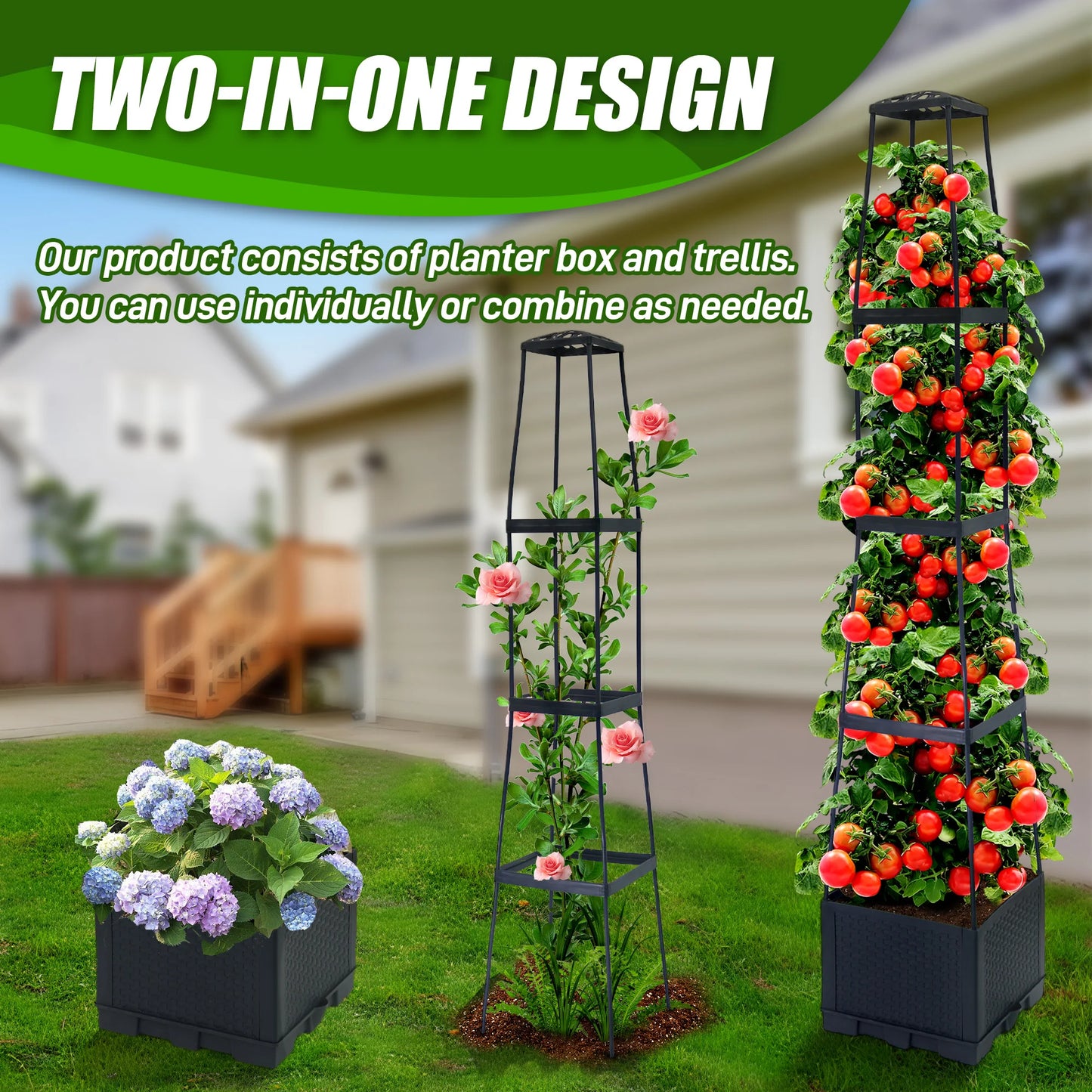 2‑Pack 57" Raised Garden Beds with Trellis – Self‑Watering Planter Boxes for Tomatoes, Cucumbers & Vines