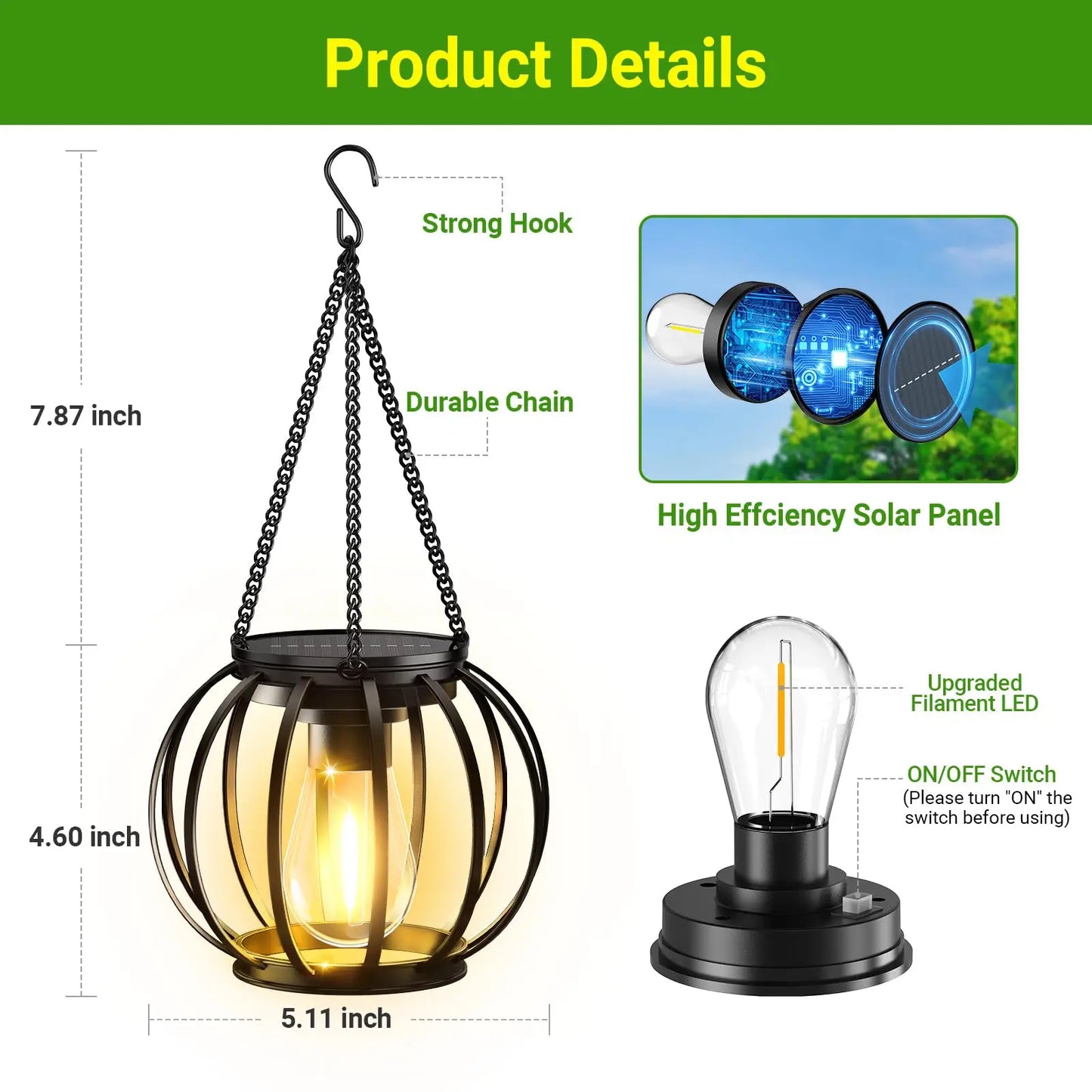 Solar Hanging Lantern Lights - Outdoor, Waterproof, LED - Set of 2