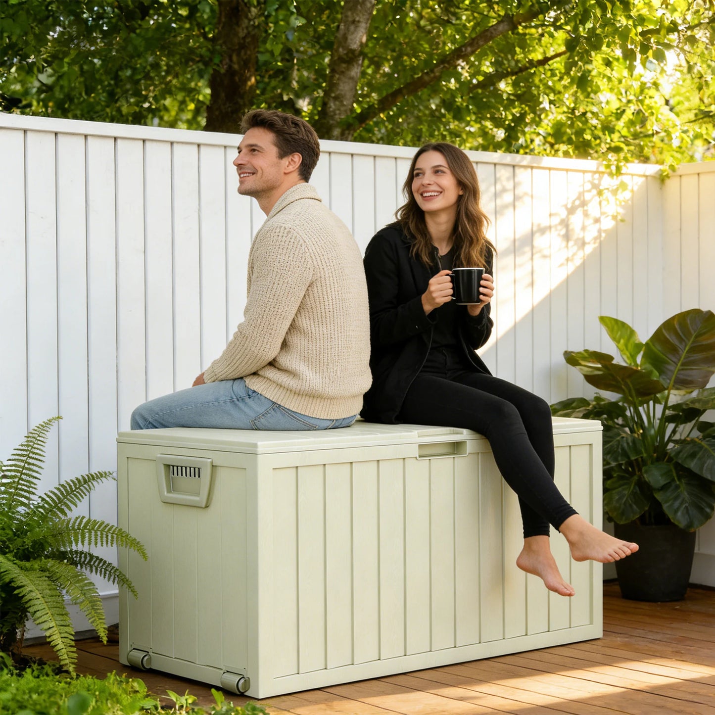 75 Gallon Resin Outdoor Storage Box Waterproof Deck Box，Waterproof Outdoor Storage Box with Bottom Pulleys, for Patio Furniture