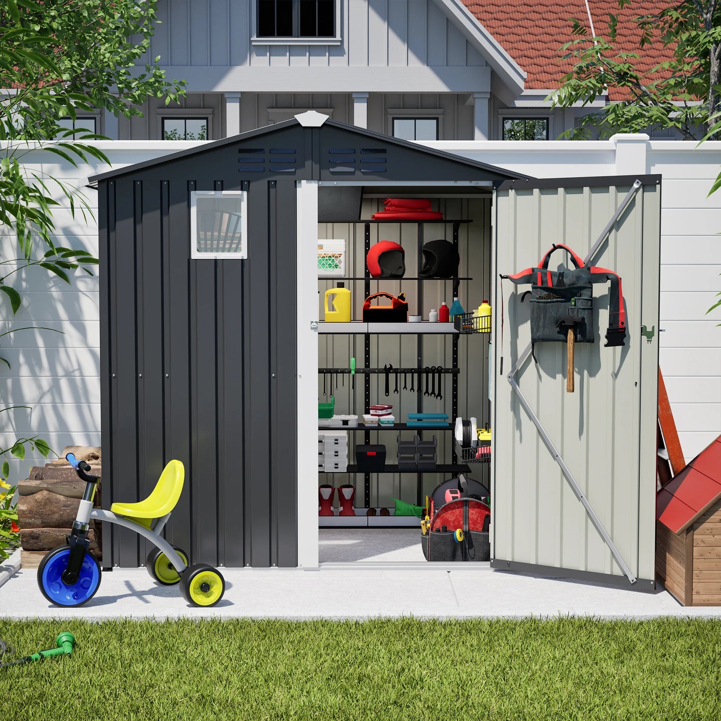 Metal Outdoor Storage Shed 6FT x 4FT for Backyard Garden Patio, Gray (6x4ft Grey No Floor Frame)'
