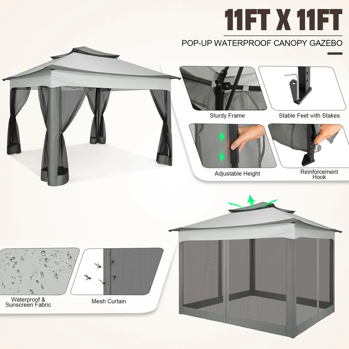 11x11ft Pop Up Gazebo Pavilion With Mosquito Netting Outdoor Canopy Tent With Carry Bag Gazebo