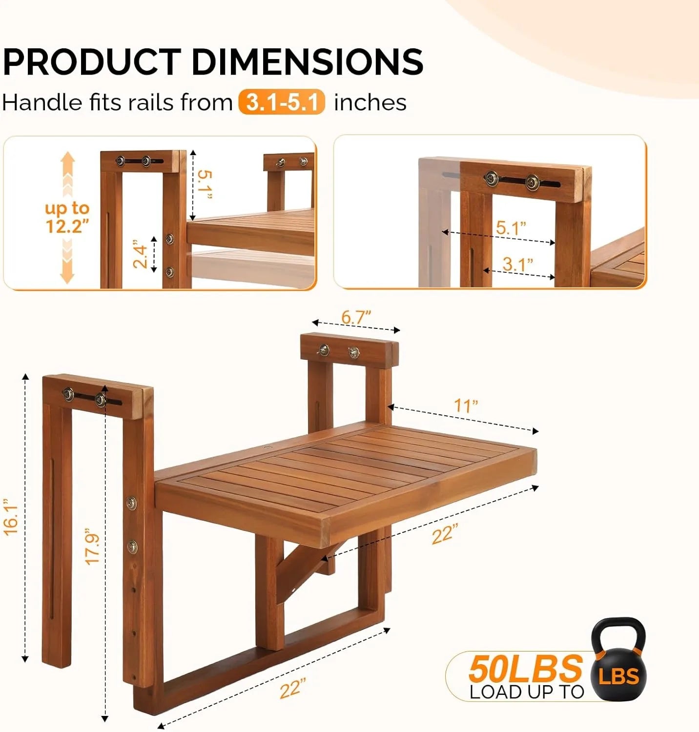 Acacia Wood Folding Balcony Hanging Table – Adjustable Height & Width, Balcony Railing Table Ideal for Different Railing