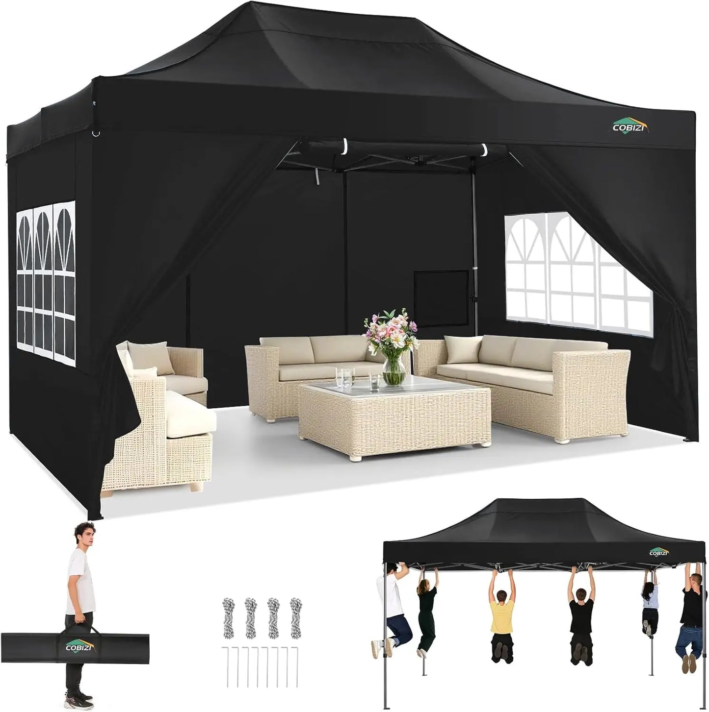10x15 Pop up Canopy Tent Heavy Duty Gazebo with 4 Sidewalls, UPF 50+ All Weather Waterproof Commercial Outdoor Wedding Party Tent