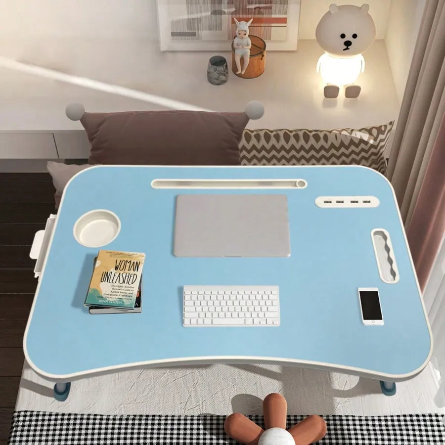 Large Laptop Bed Desk with Cup Holder & USB Fan/Light – Portable Folding Table for Bed, Sofa & Work