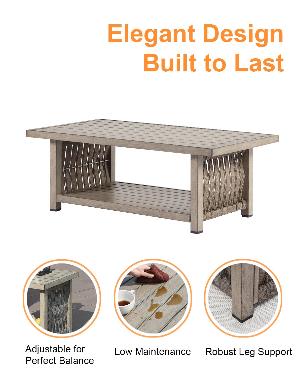 Outdoor Patio Coffee Table, 2-Tier Weather-Resistant Rectangle
