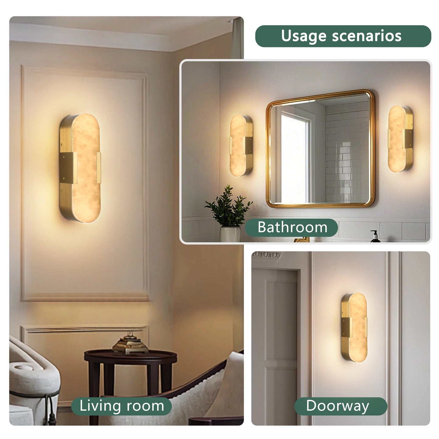Luxurious Marble Wall Lamp Set of 2, Matte Gold Metal Frame, Dimmable