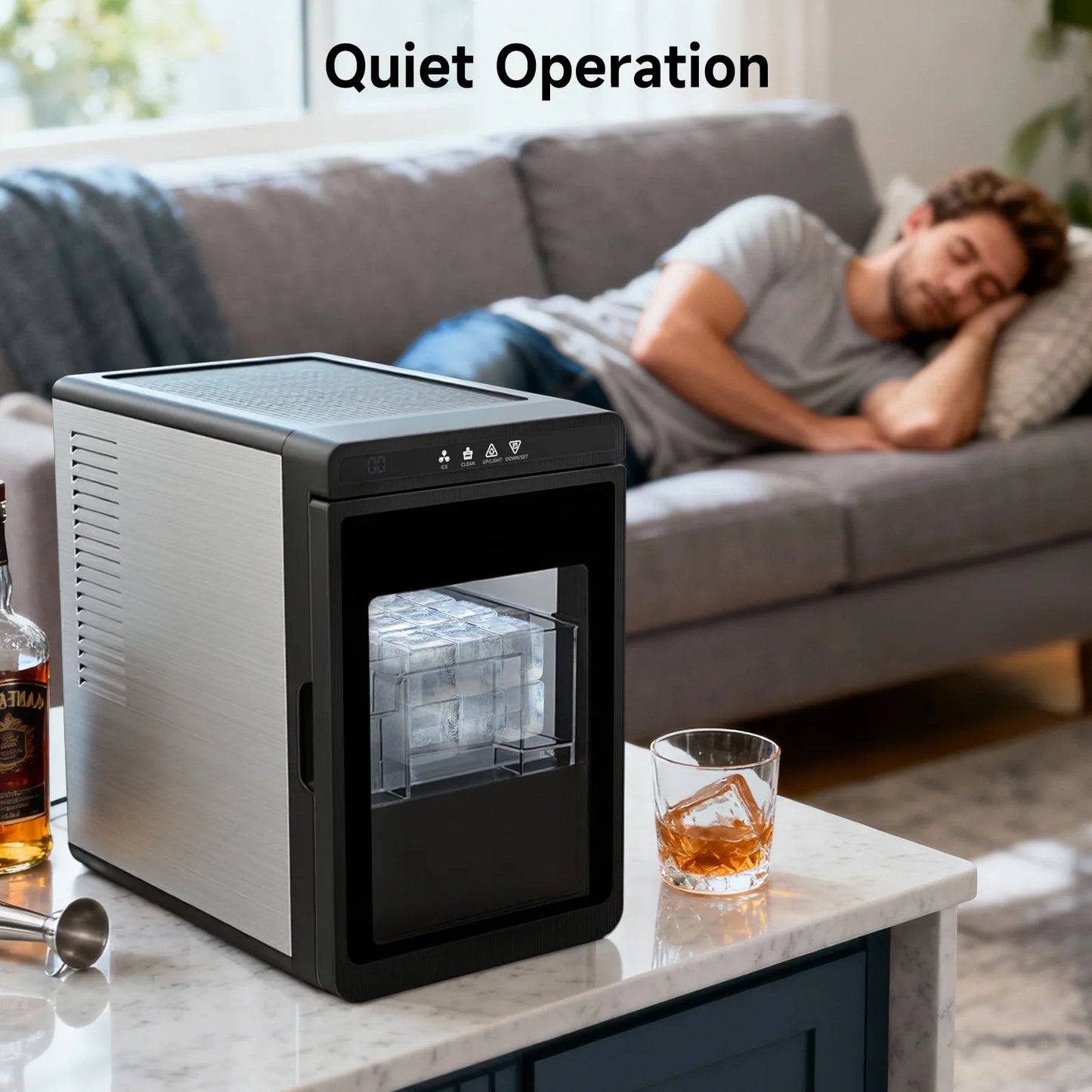 Compact Countertop Ice Maker Clear - 3 Cubes, Portable, 22lbs Daily Output  1.6" Square Ice Cubes, Self-Cleaning ,LED Light