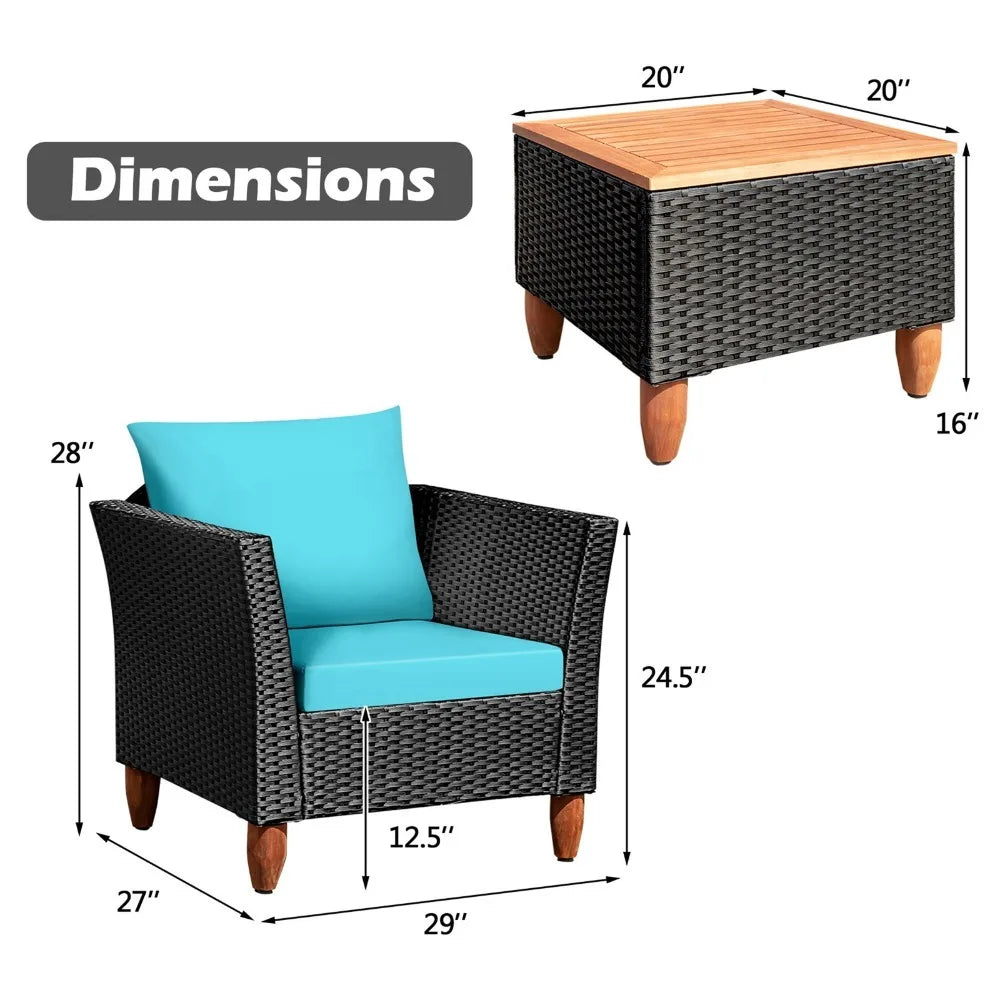 3PCS Patio Rattan Conversation Furniture Set Yard Outdoor w/ Turquoise Cushions