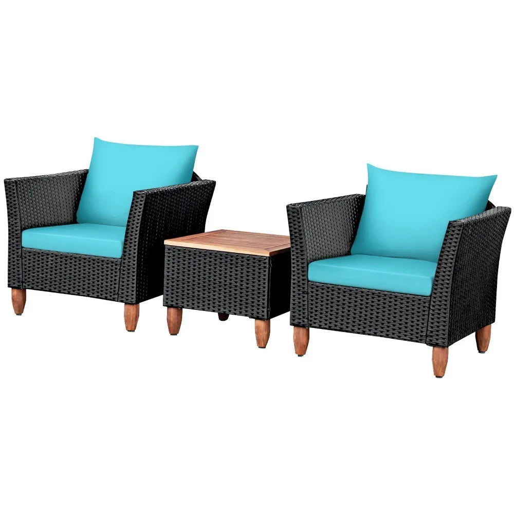 3PCS Patio Rattan Conversation Furniture Set Yard Outdoor w/ Turquoise Cushions