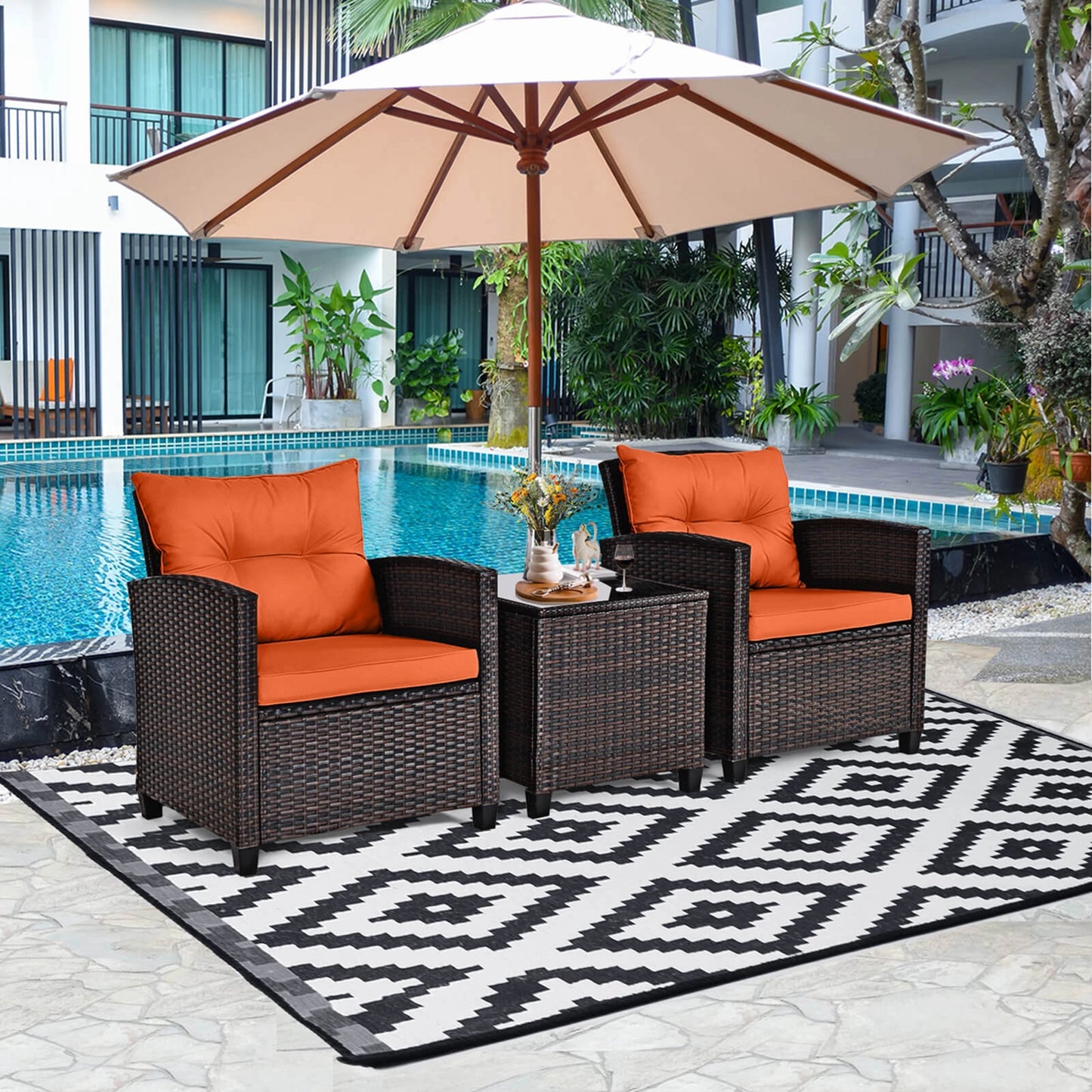 3‑Piece Patio Rattan Furniture Set – Outdoor Chairs & Table with Cushions