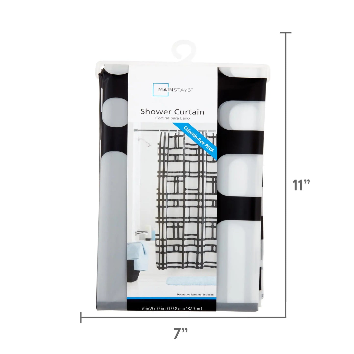 Black shower curtain, 70 inches x 72 inches, geometric design, frosted finish.