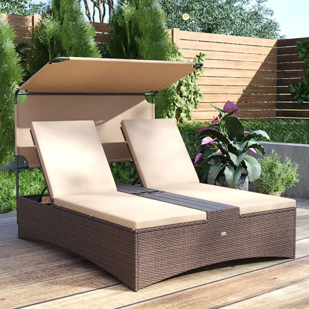 Outdoor Rattan Daybed with Canopy – 2‑Person Wicker Patio Day Bed with 4‑Level Adjustable Backrests, Cushions & Side Table