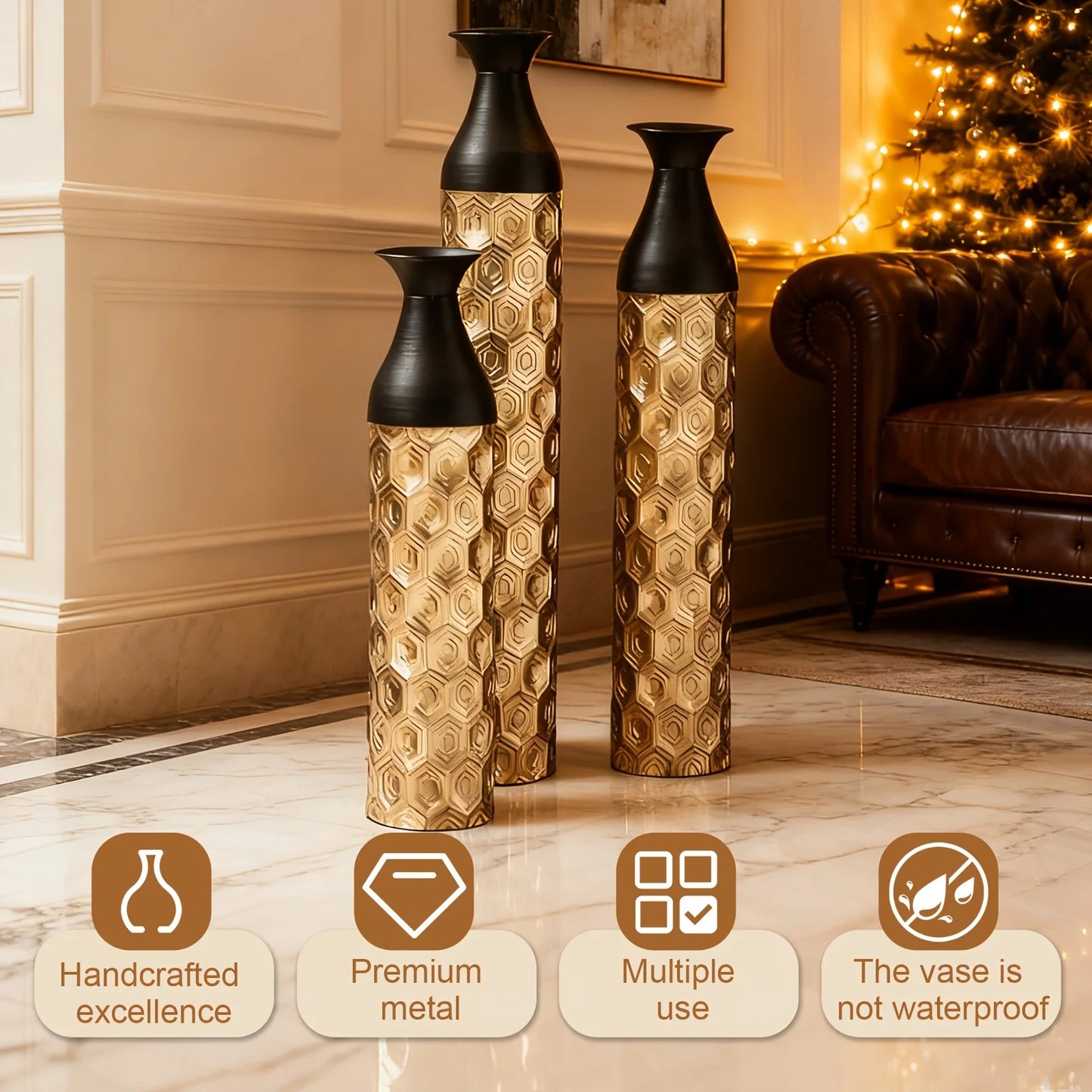 Modern Metal Floor Vases in Gold & White (Set of 3)