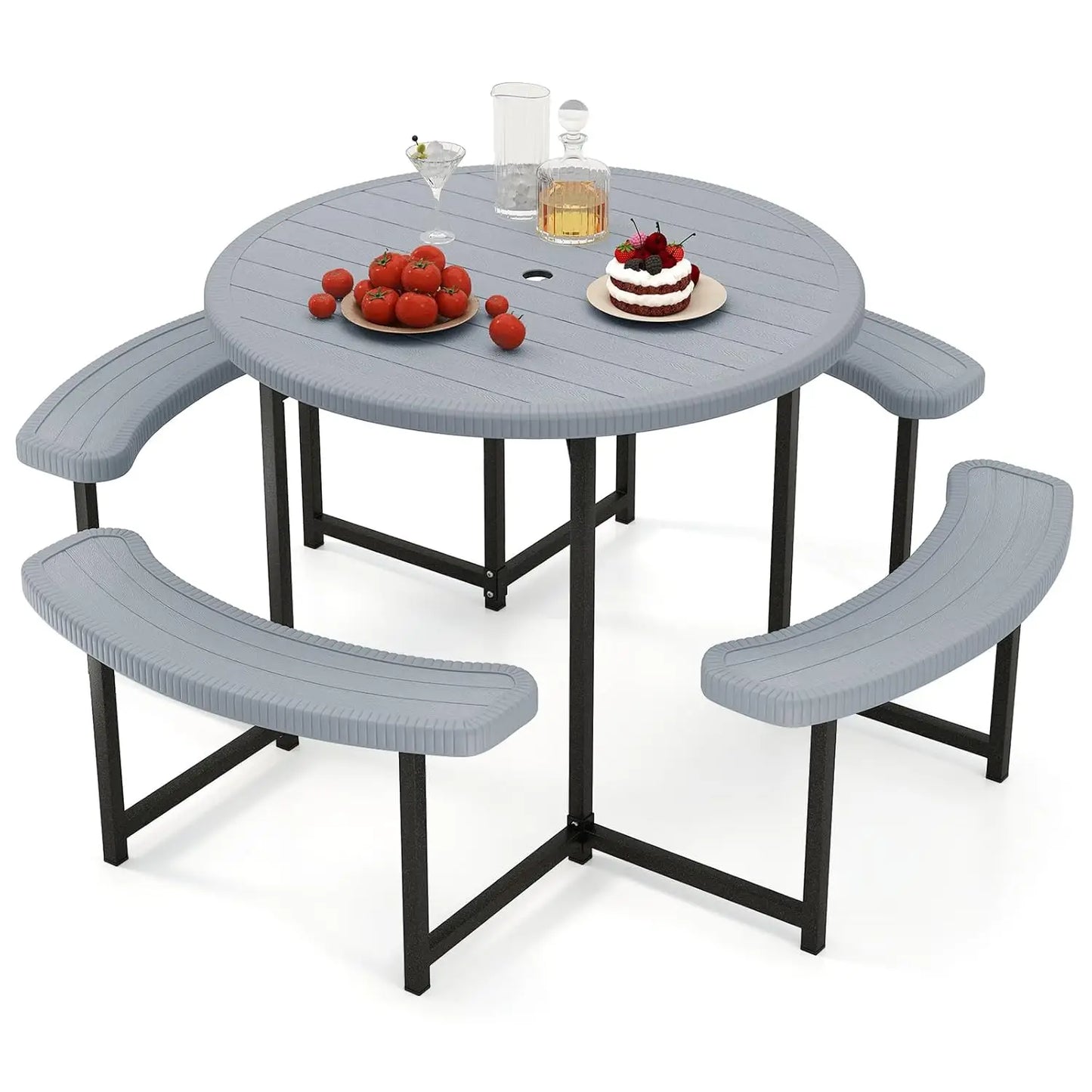 37" Round Picnic Table & Chair Set – Seats 4–8, Outdoor Table with Umbrella Holes