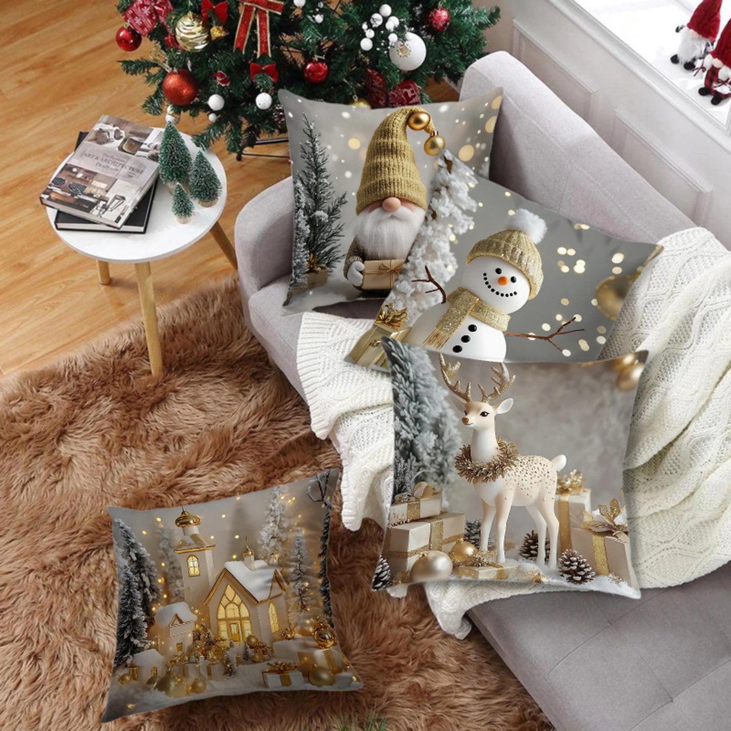 Christmas Pillow Covers (4‑Pack) – Festive Santa, Snowman, Reindeer & Tree Designs
