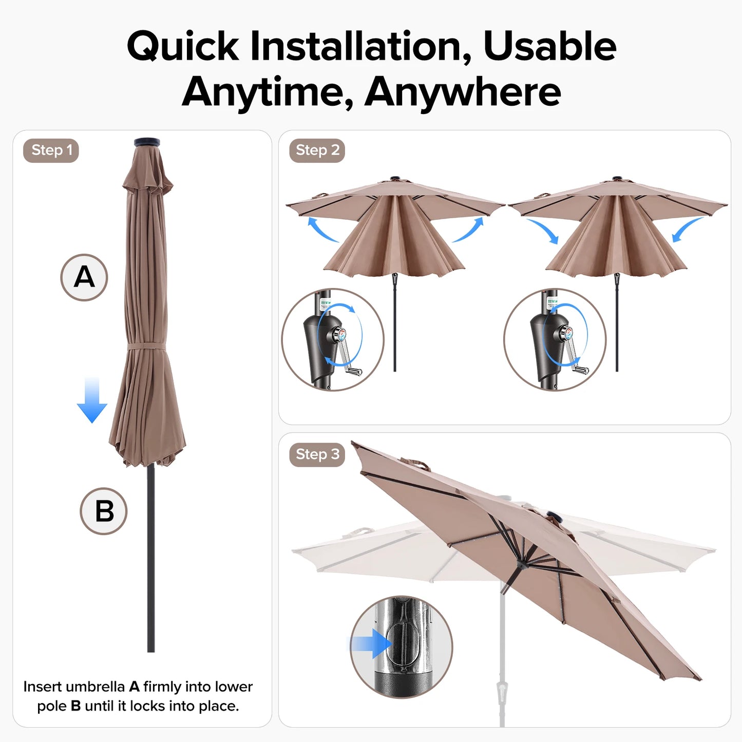 10FT with 32 LED Lights Solar Patio Umbrella UV-Resistant Outdoor Table Umbrella with Tilt and Crank for Outdoor Backyard Garden