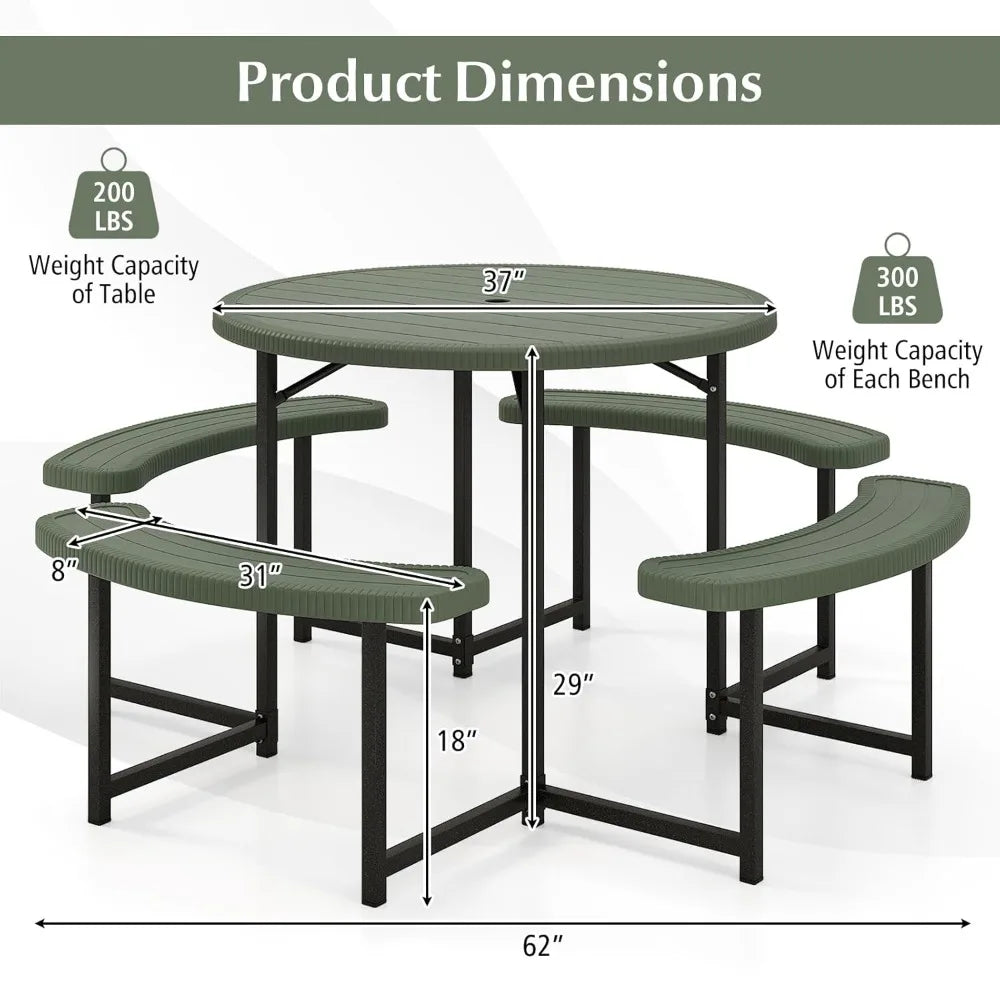 37" Round Picnic Table & Chair Set – Seats 4–8, Outdoor Table with Umbrella Holes