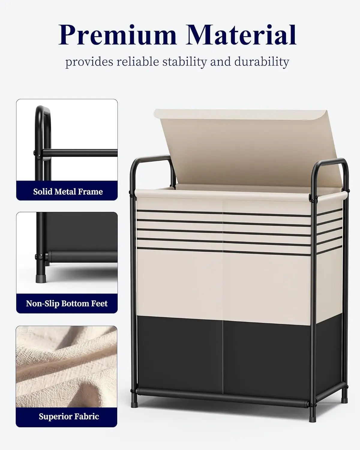 Spacious Laundry Hamper with Lid & Removable Bags, Portable Double-Section Basket for Bedroom, Bathroom, Dorm