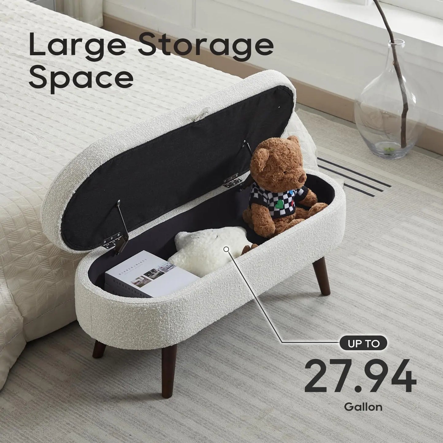 44" Storage Ottoman Bench, 300Lb. Capacity, Upholstered with Wood Legs
