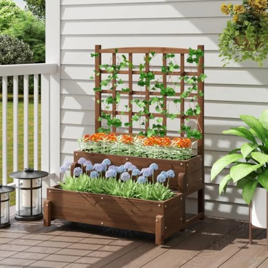 2‑Tier Wooden Elevated Garden Bed with Trellis – Raised Planter Boxes with Built‑In Drainage Holes