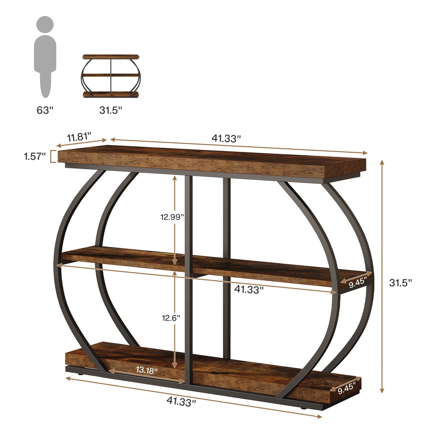 41" Console Table, 3-Tier Entryway Table with Arched Metal Frame and Storage Shelves for Living Room