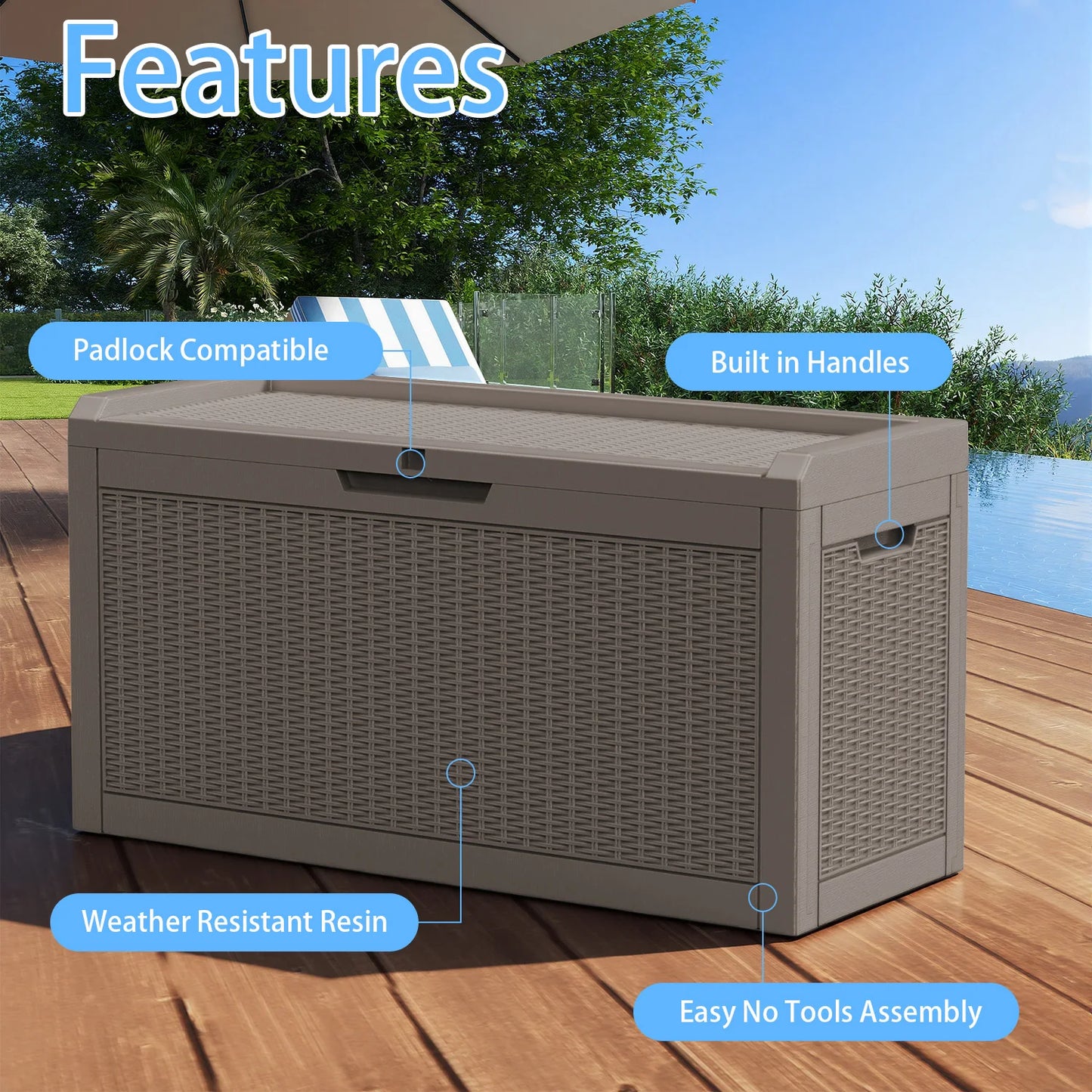 60 Gallon Waterproof Outdoor Storage Box, Resin Deck Box, Lockable Outside Storage Box Container for Patio Furniture
