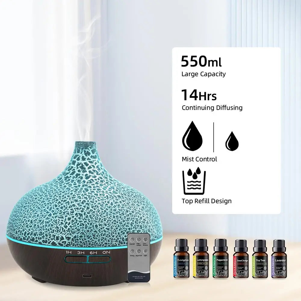 Essential Oil Diffuser Humidifier, Ultrasonic Wood Grain Aroma Diffuser with Remote, LED Flame Night Light&Timer