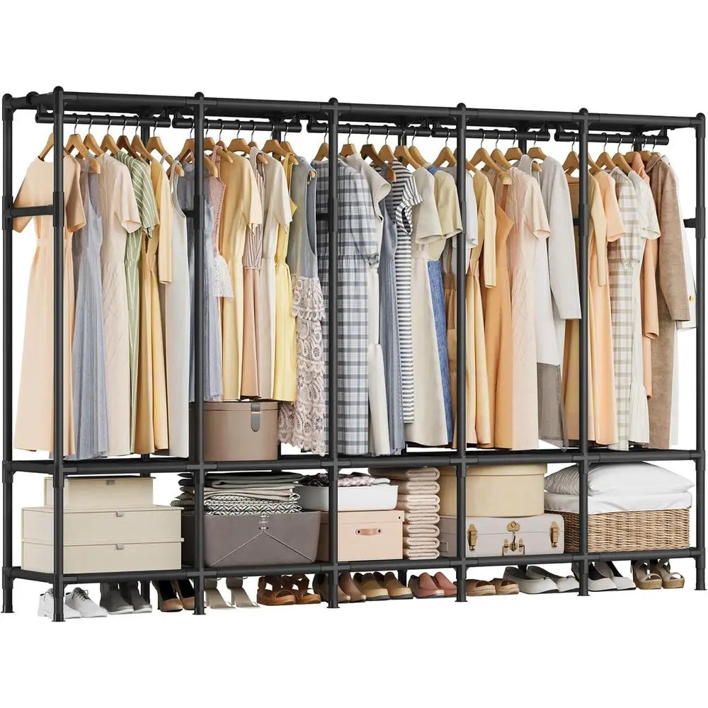 Portable Closet Organizer with Fabric Cover, 5 Rails, 10 Shelves, Black