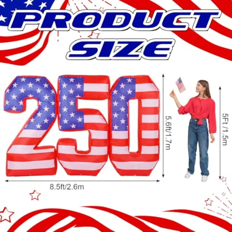 8.5 FT 250th Anniversary Inflatable 4th of July Outdoor Decoration with Built-in LED Lights, Patriotic American Flag Blow up Me
