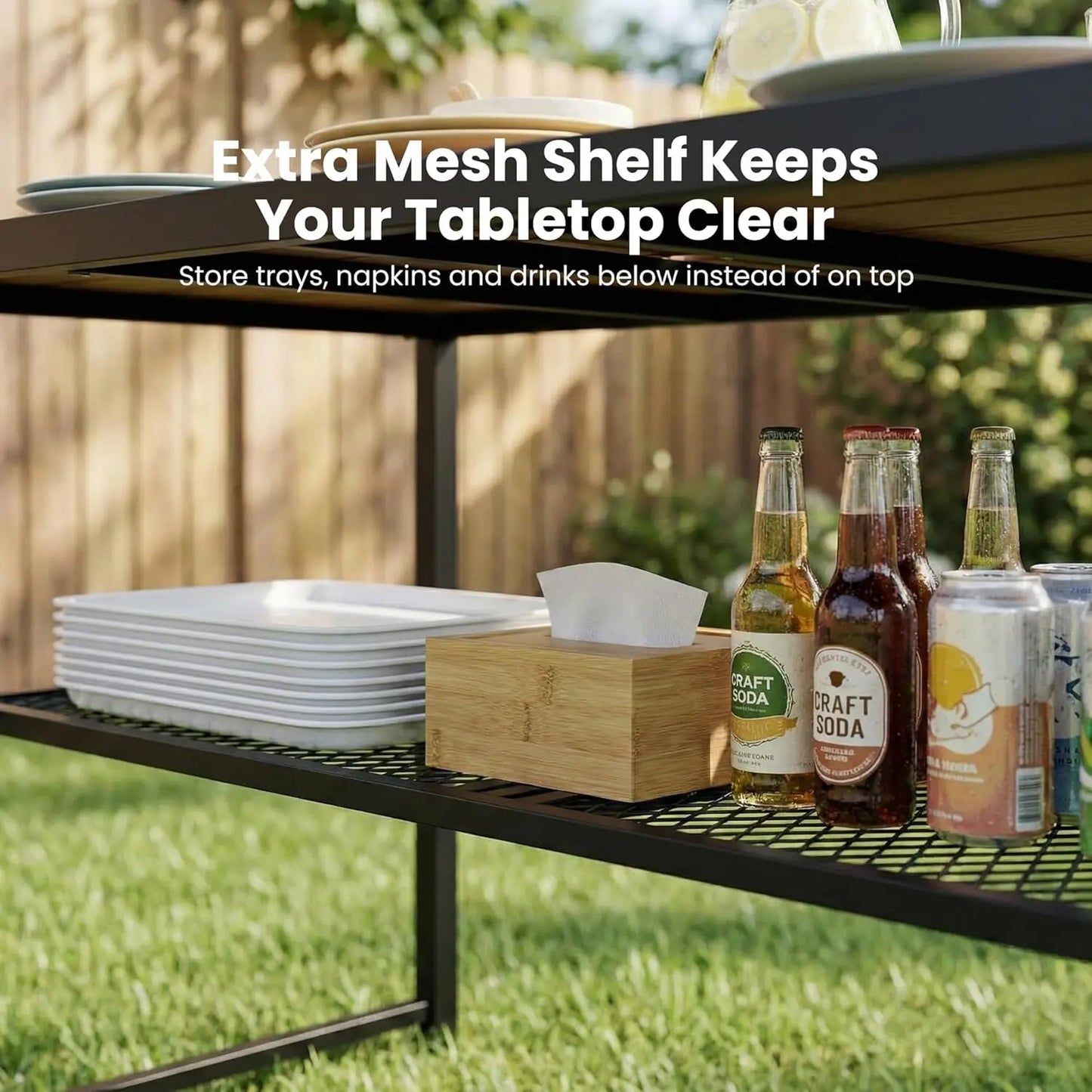 55" HDPE Picnic Table Set – Umbrella Hole, Shelf & 2 Movable Benches, All‑Weather Metal Frame