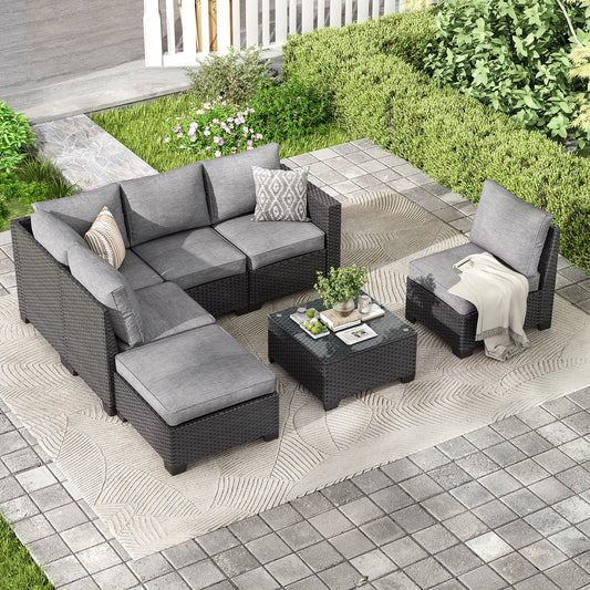 Outdoor Sectional Sofa Set with Ottoman – Water/Oil/Stain‑Resistant Fabric, Dark Gray Cushions & Gray Wicker
