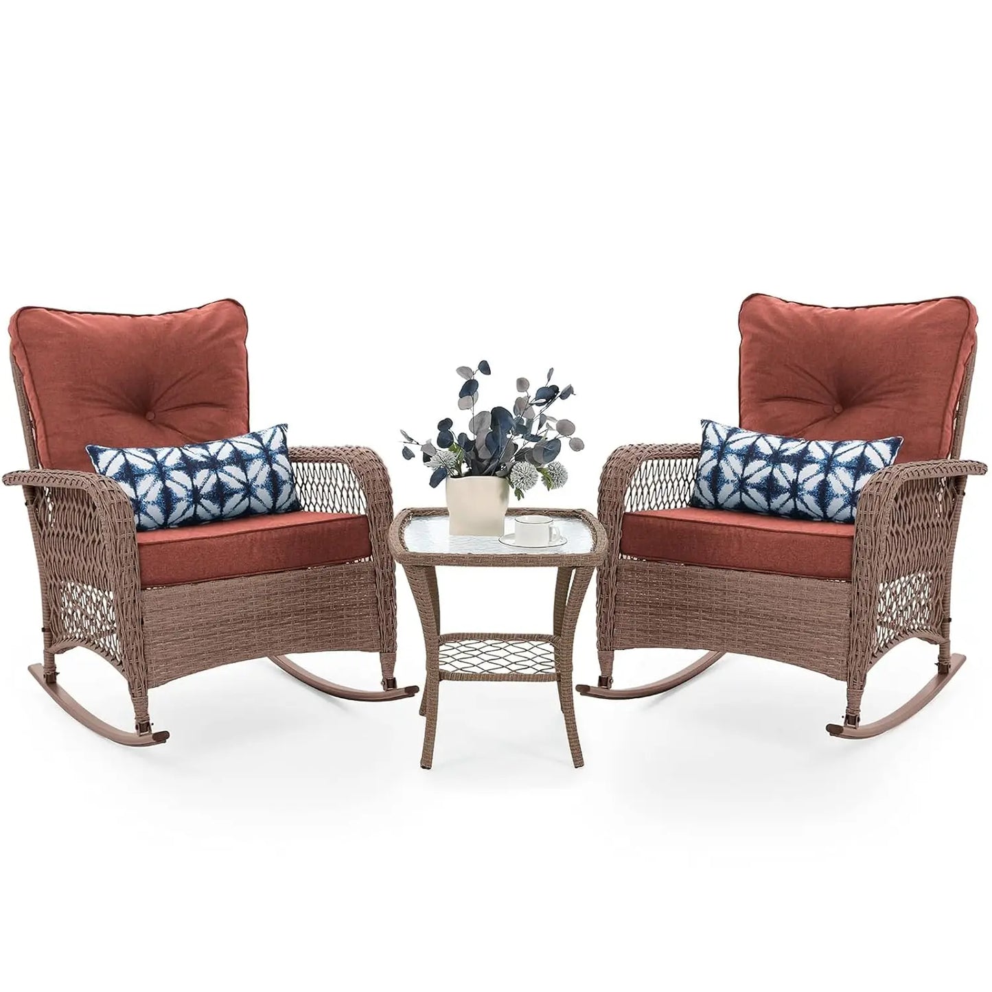 3‑Piece Outdoor Wicker Rocking Set – 4" Thick Cushions & Side Table for Porch, Balcony & Poolside